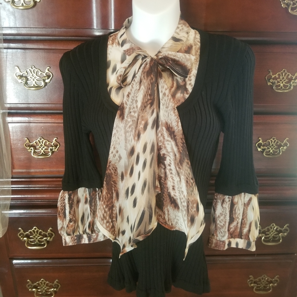 August Silk black sweater w leapoard bow blouse look - size M